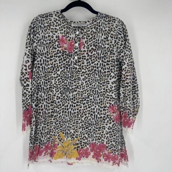 Graham Kandiah Leopard Print Floral 100% Cotton Tunic Top Resort  Coverup Size S - Picture 2 of 9